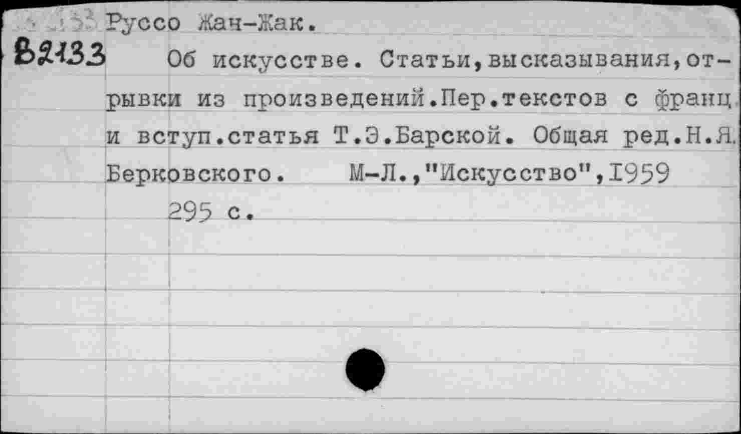 ﻿Руссо Жан-Жак
Ь2АЗЗ
Об искусстве. Статьи,высказывания,от
рывки из произведений.Пер.текстов с франц и вступ.статья Т.Э.Барской. Общая ред.Н.Я, Берковского. М-Л.,“Искусство”,1959 295 с.